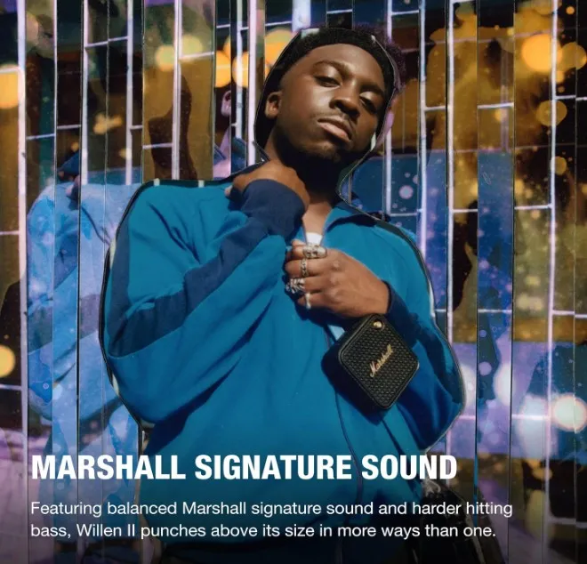 Marshall Willen II Wireless Bluetooth Speaker, Over 17+ Hours Playtime, IP67 Waterproof - Black and Brass 2