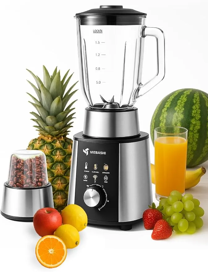 MEBASHI 2-in-1 Blender, 1.5 L, 1200 W, Black Steel, Glass Jar (ME-BL2000)