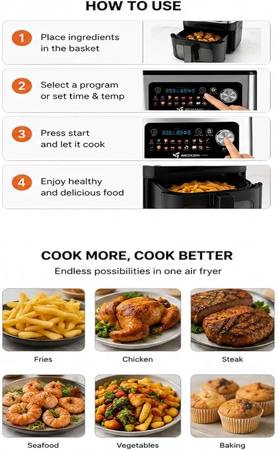 MEBASHI Air Fryer, 7L Capacity, Digital Display,1550-1850W, 18 Pre-Set Programs, Black (ME-AF980) 4