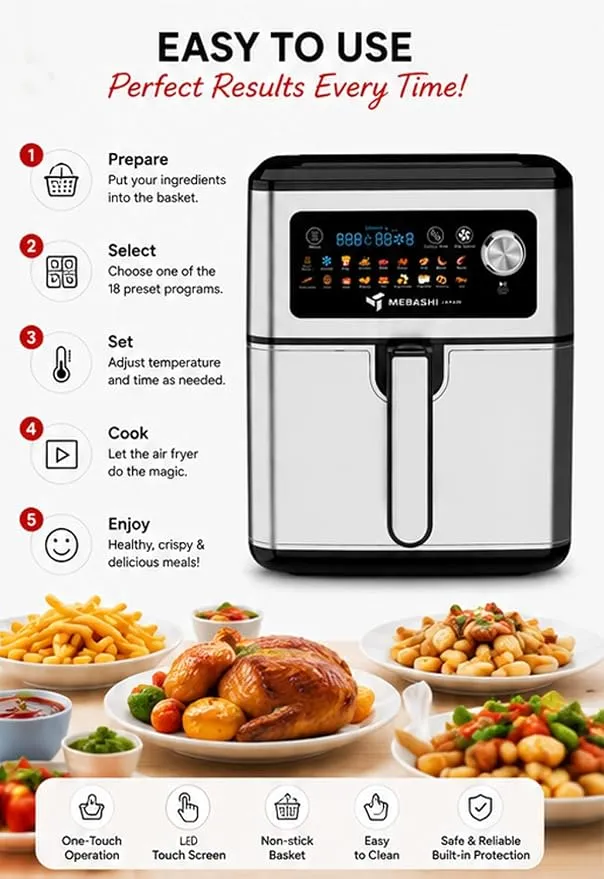 MEBASHI Air Fryer, 7L Capacity, Stainless Steel, 18 Pre-set Programs, 1550-1850W, Digital Display (ME-AF973) 3