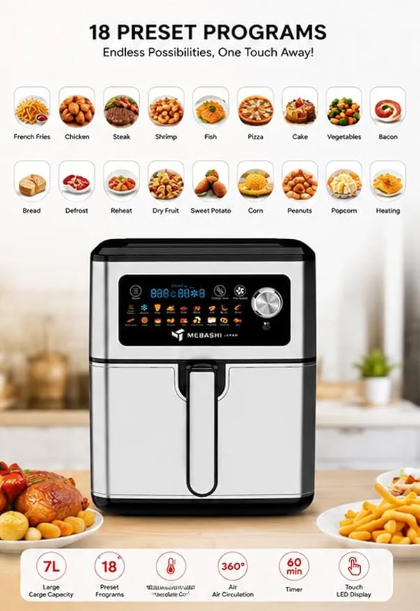 MEBASHI Air Fryer, 7L Capacity, Stainless Steel, 18 Pre-set Programs, 1550-1850W, Digital Display (ME-AF973) 4