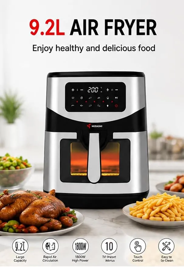 MEBASHI Air Fryer, 9.2 L Capacity, Digital Touch Screen,1800W, Glass Window, Black Steel (ME-AF985) 3