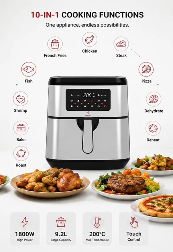 MEBASHI Air Fryer, 9.2 L, Digital Touch Screen, 10 Preset Programs,1800W, Black Steel (ME-AF987)