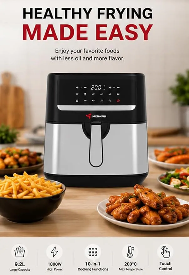 MEBASHI Air Fryer, 9.2 L, Digital Touch Screen, 10 Presets, 1800W, Black Steel (ME-AF986) 4