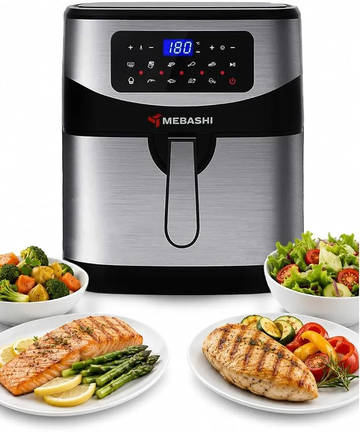 MEBASHI Air Fryer, 9.2L Outer Pot, 7.0L Inner Basket, Digital Touch Screen, 10 Preset Programs, 1600-1800W, Black-Silver (ME-AF959)