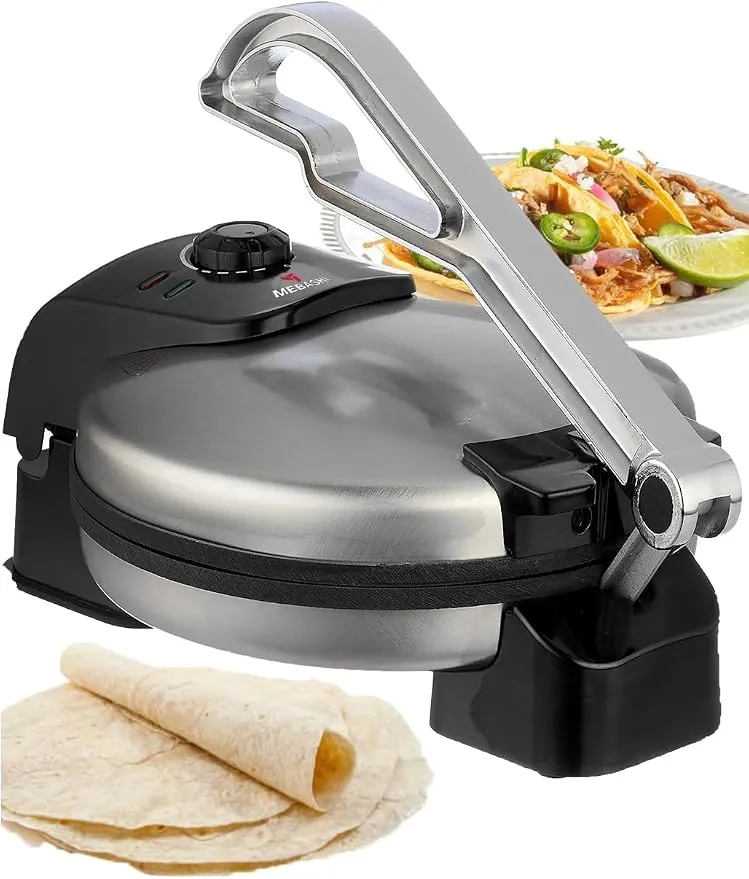 MEBASHI Electric Non-Stick Roti/Dosa Maker – 1600W Multi-Function Appliance for Roti, Dosa, Omelette, and Crepes with Chromed Aluminum Press Handle(ME-RM102-S) (1600W)