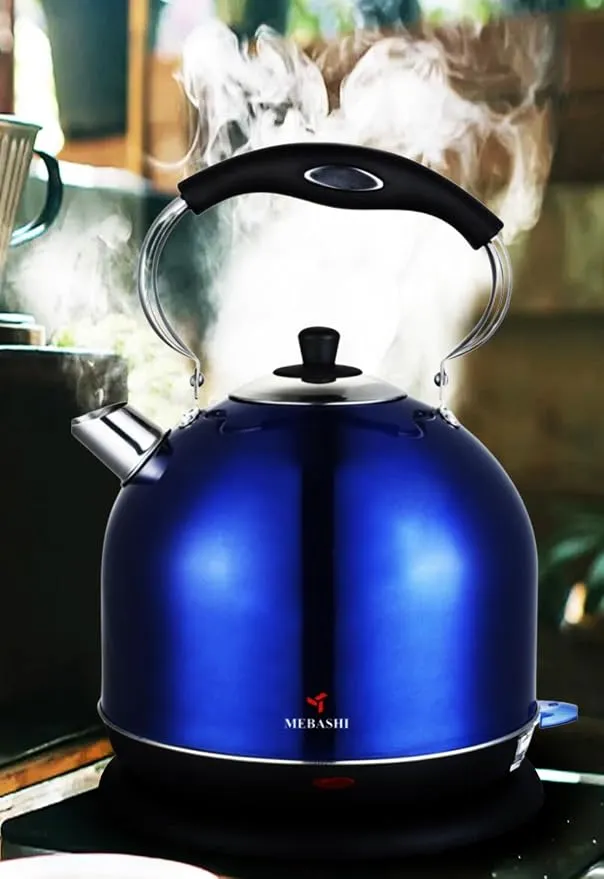 MEBASHI Electric Steel Kettle | 4L Blue Kettle with Auto Lid-Opening, Dual Water Gauge & Heat Plate Indicator (ME-KT5002B) (1850-2200W)