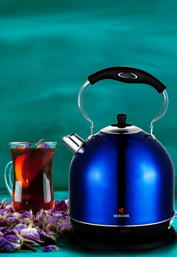MEBASHI Electric Steel Kettle | 4L Blue Kettle with Auto Lid-Opening, Dual Water Gauge & Heat Plate Indicator (ME-KT5002B) (1850-2200W) 4