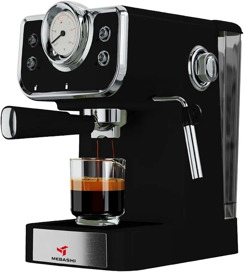 MEBASHI Espresso Coffee Machine - 1.5L, 20 Bar, Black with Dual Stainless Steel Filters and Thermometer (ME-ECM2039) (Black)|1100W 5