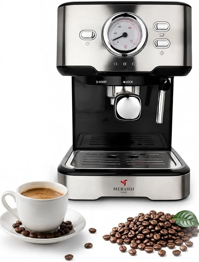MEBASHI Espresso Coffee Machine - 20 Bar ULKA Italy Pump, 1.5L, Chrome Black with Dual-Stainless Steel Filter and Thermometer (ME-ECM2021)(1100W)