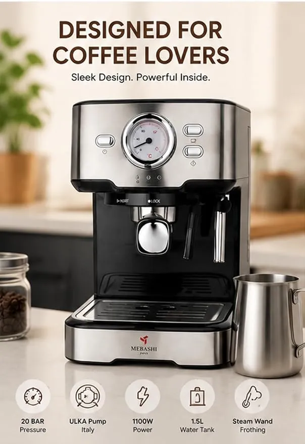 MEBASHI Espresso Coffee Machine - 20 Bar ULKA Italy Pump, 1.5L, Chrome Black with Dual-Stainless Steel Filter and Thermometer (ME-ECM2021)(1100W)