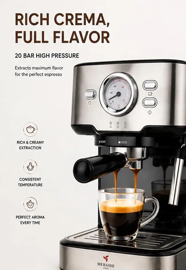 MEBASHI Espresso Coffee Machine - 20 Bar ULKA Italy Pump, 1.5L, Chrome Black with Dual-Stainless Steel Filter and Thermometer (ME-ECM2021)(1100W) 3