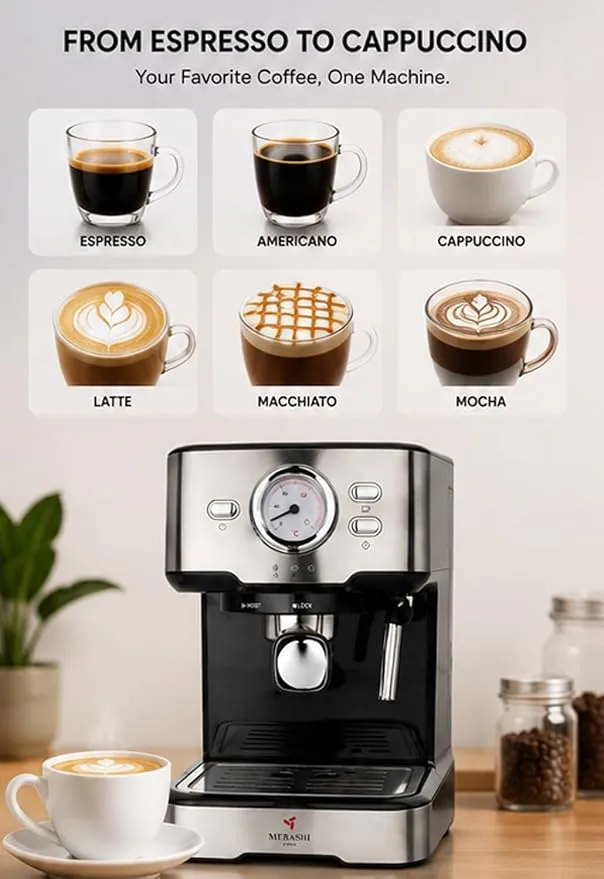 MEBASHI Espresso Coffee Machine - 20 Bar ULKA Italy Pump, 1.5L, Chrome Black with Dual-Stainless Steel Filter and Thermometer (ME-ECM2021)(1100W) 4
