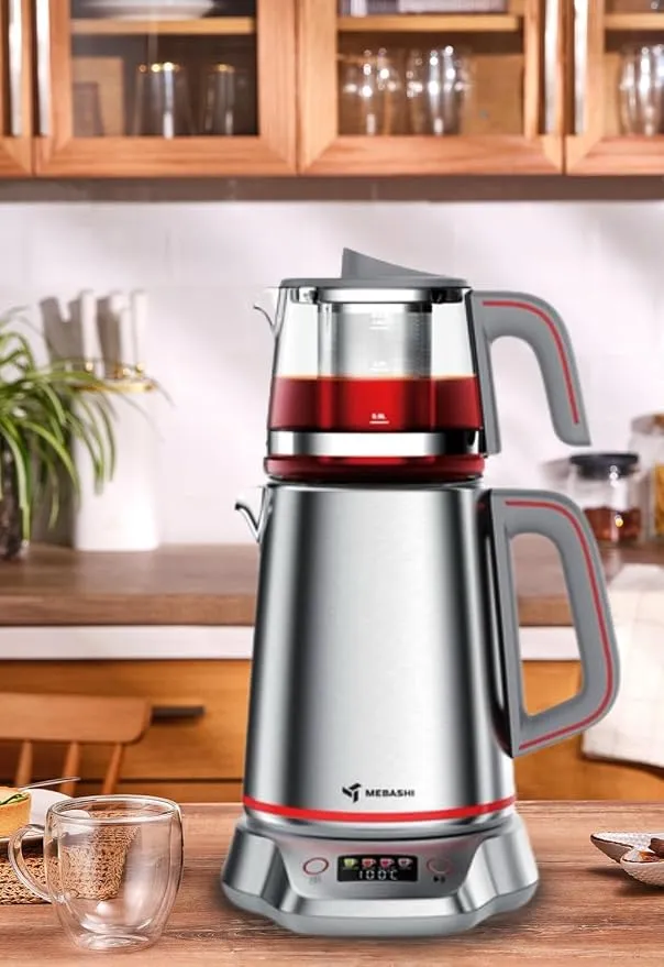 MEBASHI Tea Maker, 2L Kettle and 1L Teapot, Digital Display, 2 Settings, Stainless Steel (ME-TM302) (Steel)|2200W 3