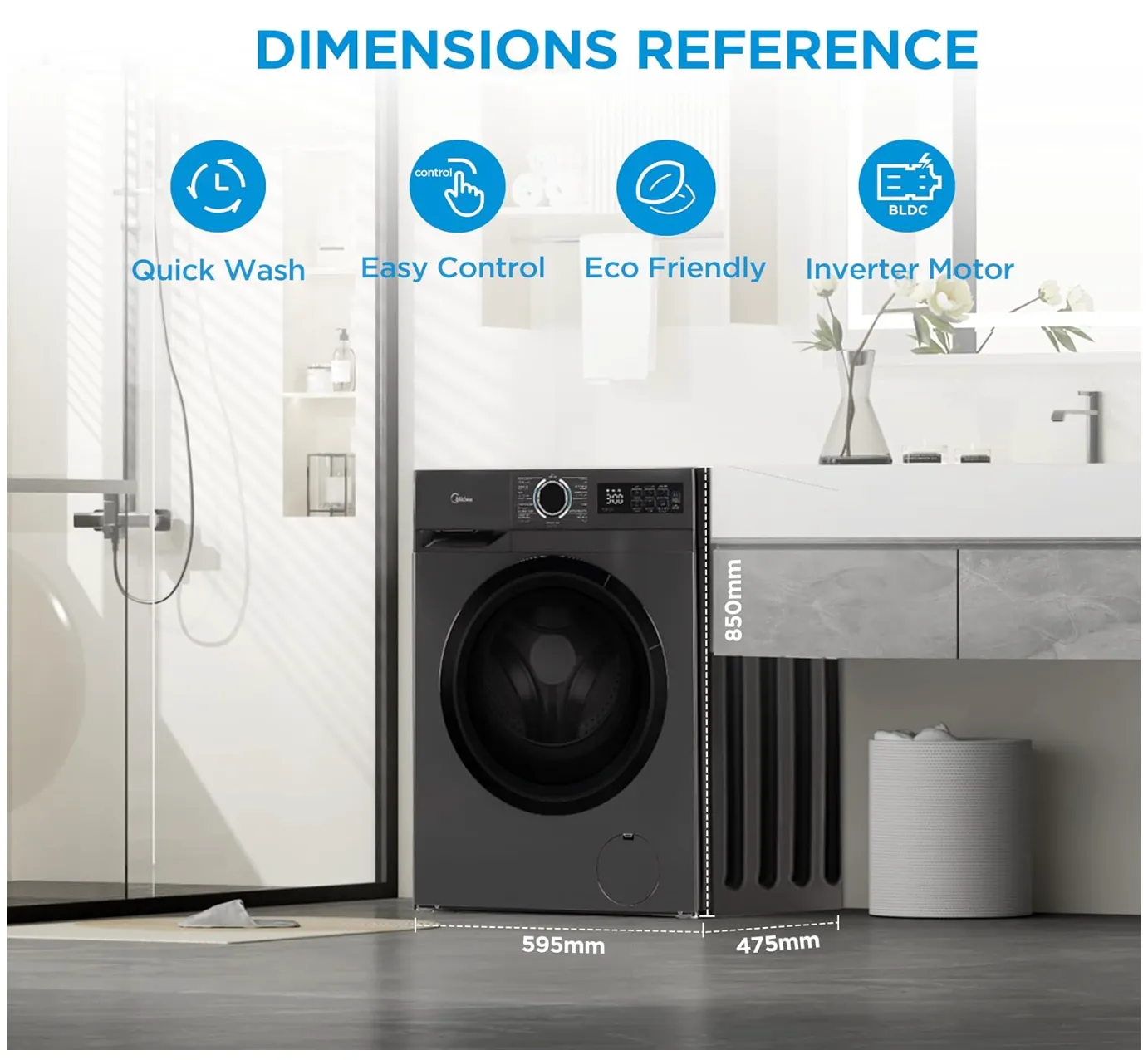 Midea 8KG Front Load Washing Machine With BLDC Inverter Motor, 1400 RPM, 15 Programs, Fully Automatic Washer With Lunar Dial, Integrated Digital Control-LED Display, Water Cube Drum - MF110W80B/T-GCC 3