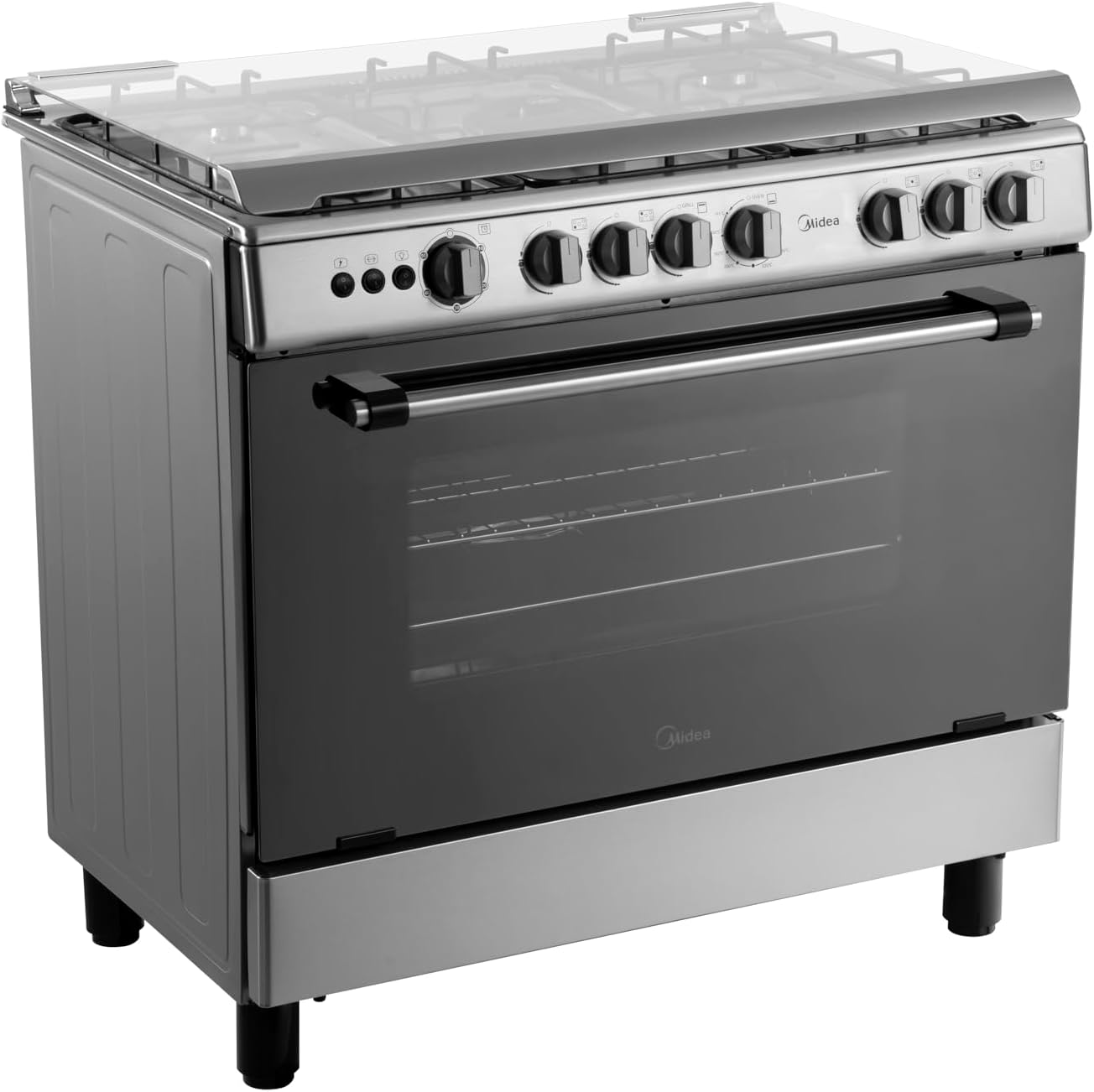 Midea LME95028FFD 90 × 60cm Freestanding Full-Gas Cooking Range, 5 Gas Burners, 115L Gas Oven and Grill, Automatic Ignition, Flame-Failure Safety, Cast-Iron Pan Supports, Rotisserie, Separate Oven and Grill Controls, Stainless-Steel Finish
