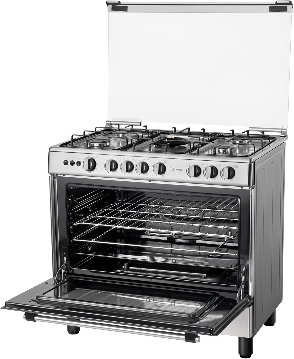 Midea LME95028FFD 90 × 60cm Freestanding Full-Gas Cooking Range, 5 Gas Burners, 115L Gas Oven and Grill, Automatic Ignition, Flame-Failure Safety, Cast-Iron Pan Supports, Rotisserie, Separate Oven and Grill Controls, Stainless-Steel Finish