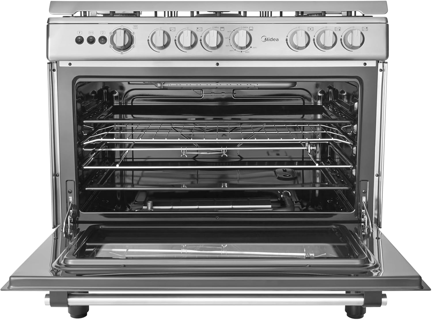 Midea LME95028FFD 90 × 60cm Freestanding Full-Gas Cooking Range, 5 Gas Burners, 115L Gas Oven and Grill, Automatic Ignition, Flame-Failure Safety, Cast-Iron Pan Supports, Rotisserie, Separate Oven and Grill Controls, Stainless-Steel Finish 3