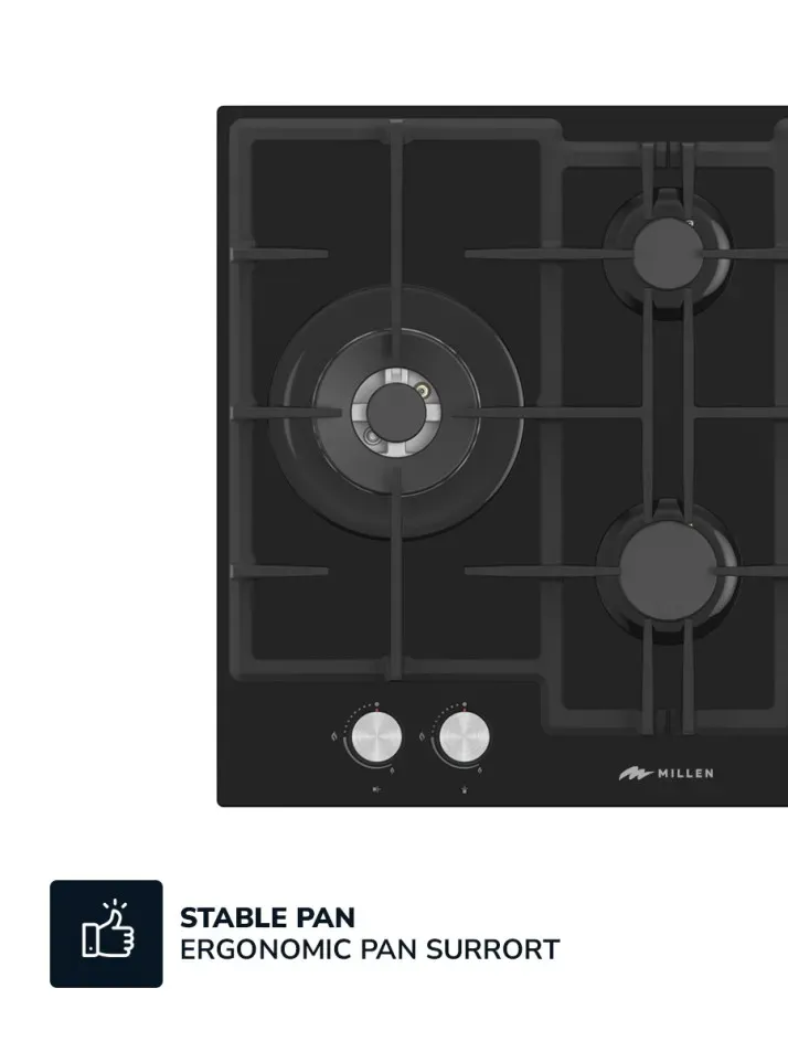 Millen built in 65cm black glass with SABAF burners glass hob MGHG6502BL 2