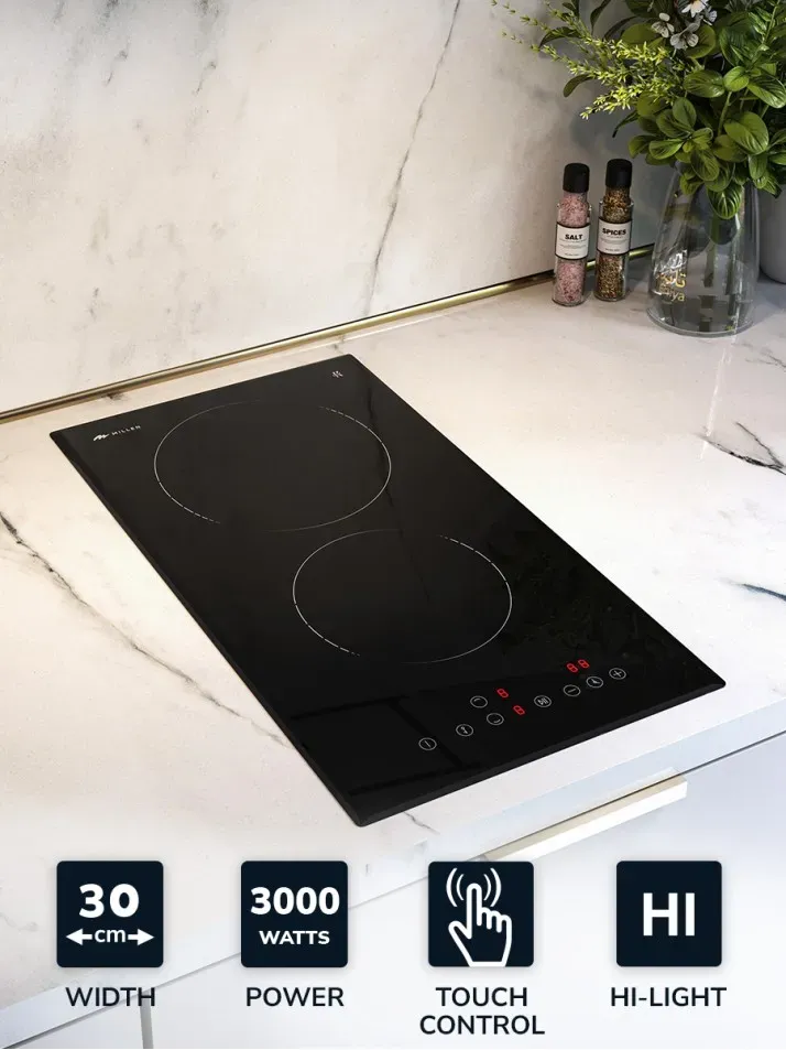 Millen Built-In Electric Hob 30cm Black Glass – MEH301BL 2 Heating Zones 3000W Touch Control 3