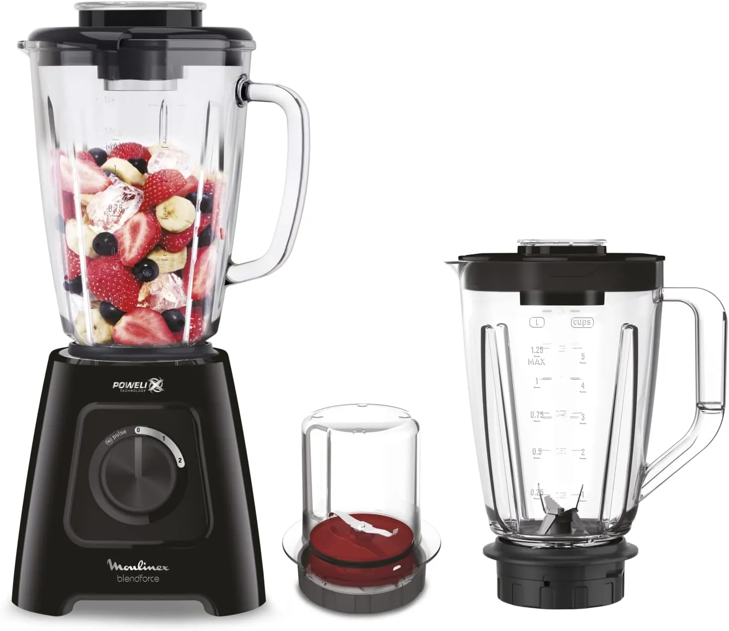 Moulinex Blender, BlendForce 2, 1.25 L Blender Mixer, with Plastic Jar and Glass Jar, Grinder Accessory, Powelix Technology, 600 W, LM42R827