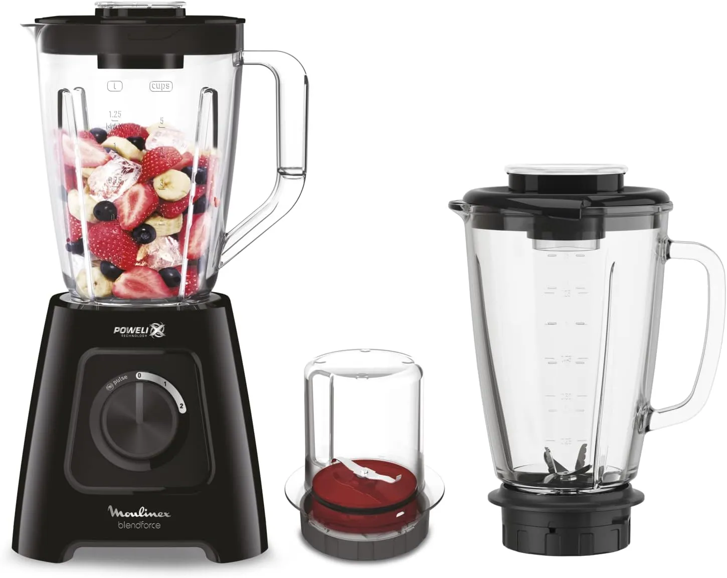 Moulinex Blender, BlendForce 2, 1.25 L Blender Mixer, with Plastic Jar and Glass Jar, Grinder Accessory, Powelix Technology, 600 W, LM42R827