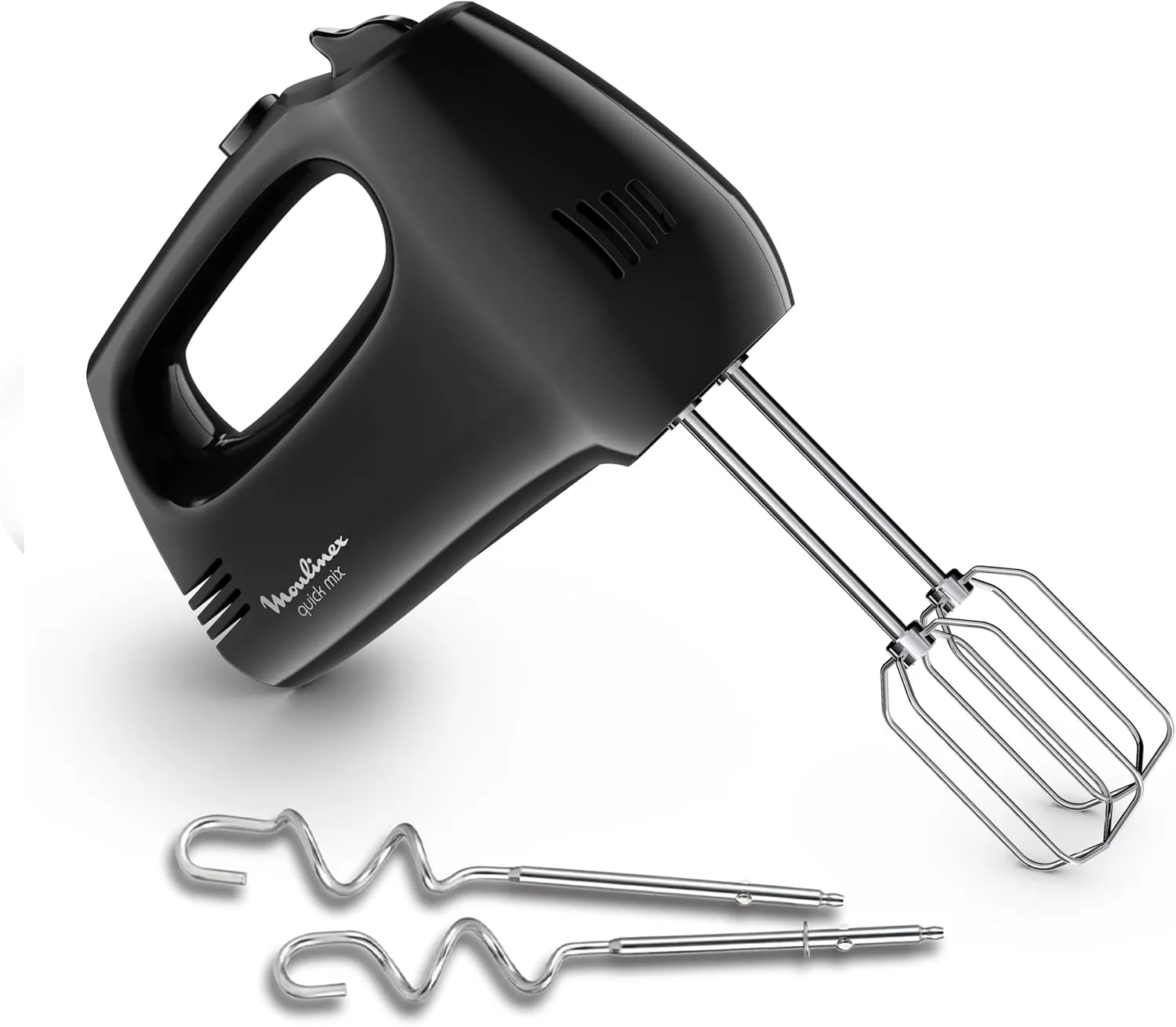 Moulinex Quick Mix, Hand Mixer, 300 W, Stainless Steel Whisks and Dough Hooks, Ergonomic Handle, 5 Adjustable Speeds + Pulse, Compact, HM3108B1, Black