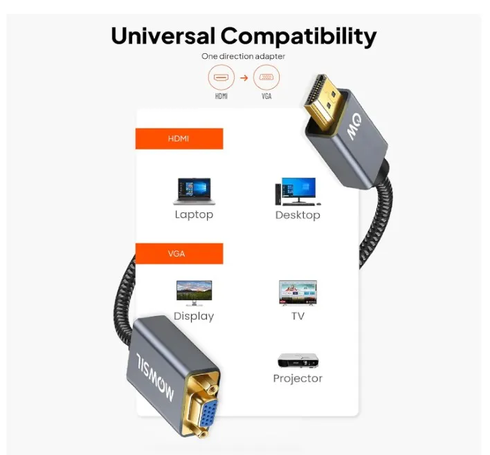 Mowsil HDMI to VGA Adapter – Full HD 1080p Video Converter, Plug & Play Design, Gold-Plated Connector, Aluminum Alloy Body, Braided Cable, Compatible with PC, Laptop, Projector & Monitor 5