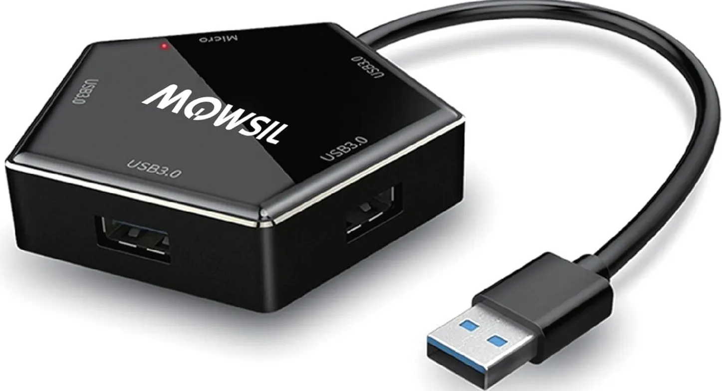 Mowsil USB 3.0 Hub, 4-Port USB Hub, Aluminum Alloy, USB 3.0 to 4x USB 3.0, with Micro USB Power Port, 5Gbps High-Speed Data Transfer, for Laptops, PCs, 8cm Cable, Black | MOUHB4