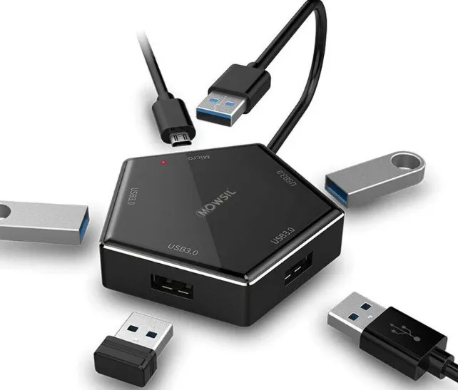 Mowsil USB 3.0 Hub, 4-Port USB Hub, Aluminum Alloy, USB 3.0 to 4x USB 3.0, with Micro USB Power Port, 5Gbps High-Speed Data Transfer, for Laptops, PCs, 8cm Cable, Black | MOUHB4
