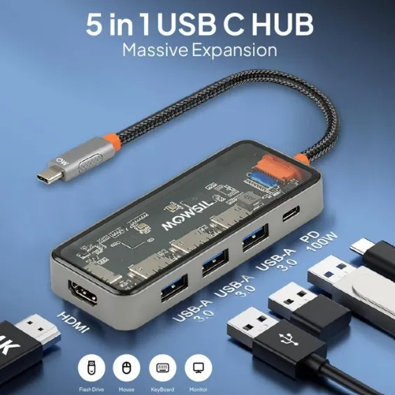 MOWSIL USB-C Hub 5-in-1, 4K@60Hz HDMI, USB 3.0, USB 2.0, USB-C Data, 100W PD Charging, Aluminum Alloy, Braided Cable, LED Indicator, for MacBook Pro/Air, iPad Pro, XPS, Laptops | MOCHB5