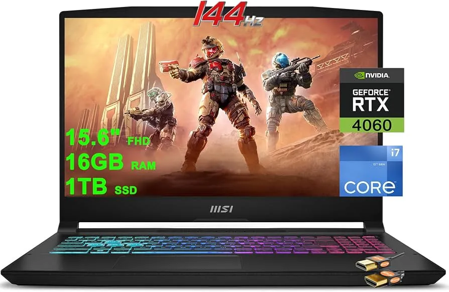 "MSI Katana 15 Gaming Laptop 15.6"" FHD IPS 144Hz Intel 10-Core i7-12650H Processor 16GB RAM 1TB SSD GeForce RTX 4060 8GB Graphic Backlit USB-C Nahimic Win11 Black + HDMI Cable"