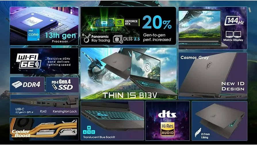 msi Thin 15.6 inch FHD 144Hz Gaming Laptop, AMD Ryzen 5 7535HS, 16GB RAM, 512GB SSD, NVIDIA GeForce RTX 4050, Webcam, Backlit Keyboard, Gray, Windows 11 Home 3