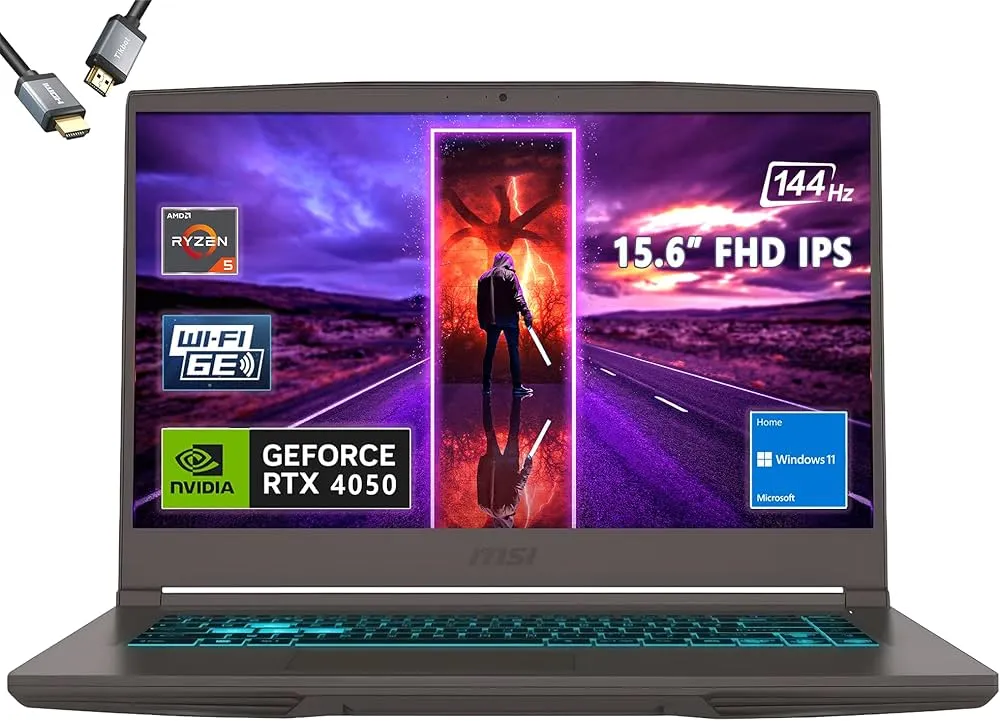 "MSI Thin 15 Gaming Laptop, 15.6"" FHD IPS 144Hz, NVIDIA GeForce RTX 4050 Laptop, AMD Ryzen 5 7535HS,8GB RAM, 1TB SSD, Wi-Fi 6, Backlit Keyboard, Webcam, Bluetooth, Windows 11 Home, Black"