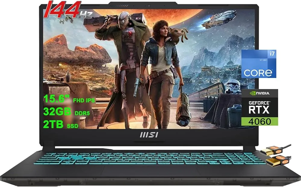 "MSI (Upgraded) Cyborg 15 Gaming Laptop 15.6"" FHD IPS 144Hz Intel 10-core i7-12650H Processor 32GB DDR5 2TB SSD GeForce RTX 4060 8GB Graphic Backlit USB-C Win11 Black + HDMI Cable"