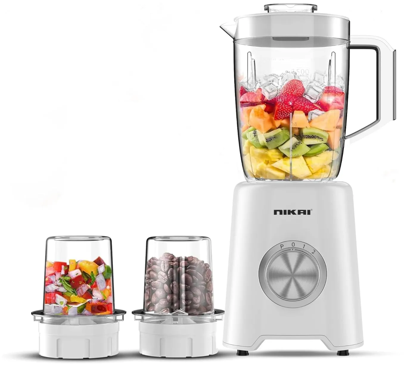 Nikai 3-in-1 Blender with 3 Jars, 1.5 Ltr Liquid Jar, 1 Coffee Grinder & 1 Meat Mincer, 2 Speeds, Stainless Blades, Unbreakable Jar, Perfect for Dry & Wet Fine Grinding, Mixing & Juicing-NB1900NA1