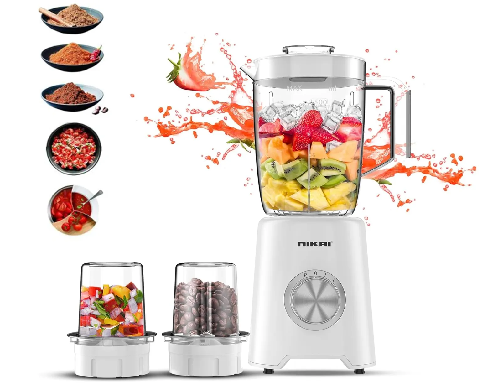 Nikai 3-in-1 Blender with 3 Jars, 1.5 Ltr Liquid Jar, 1 Coffee Grinder & 1 Meat Mincer, 2 Speeds, Stainless Blades, Unbreakable Jar, Perfect for Dry & Wet Fine Grinding, Mixing & Juicing-NB1900NA1