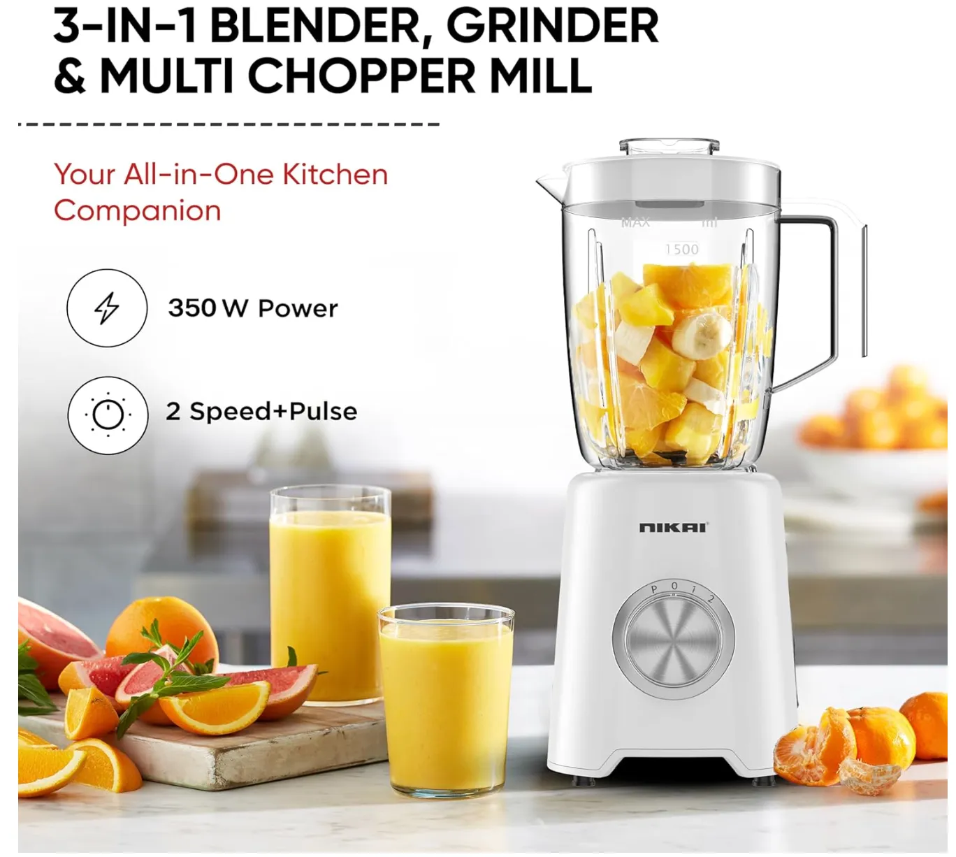 Nikai 3-in-1 Blender with 3 Jars, 1.5 Ltr Liquid Jar, 1 Coffee Grinder & 1 Meat Mincer, 2 Speeds, Stainless Blades, Unbreakable Jar, Perfect for Dry & Wet Fine Grinding, Mixing & Juicing-NB1900NA1 3