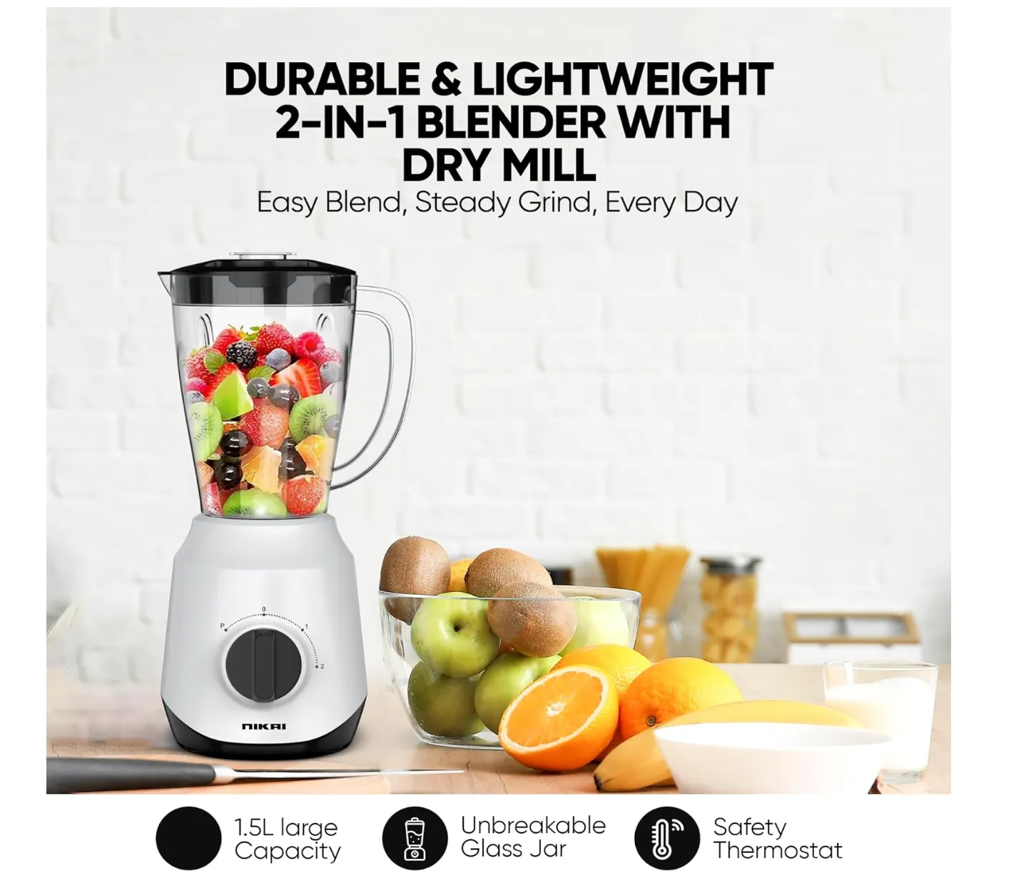Nikai 450W 2-in-1 Blender 1.5 L Unbreakable PC Jar, 3 Speeds, Stainless Blades, Easy To Clean Detachable Parts, Perfect for Blending and Grinding - NB2511AX