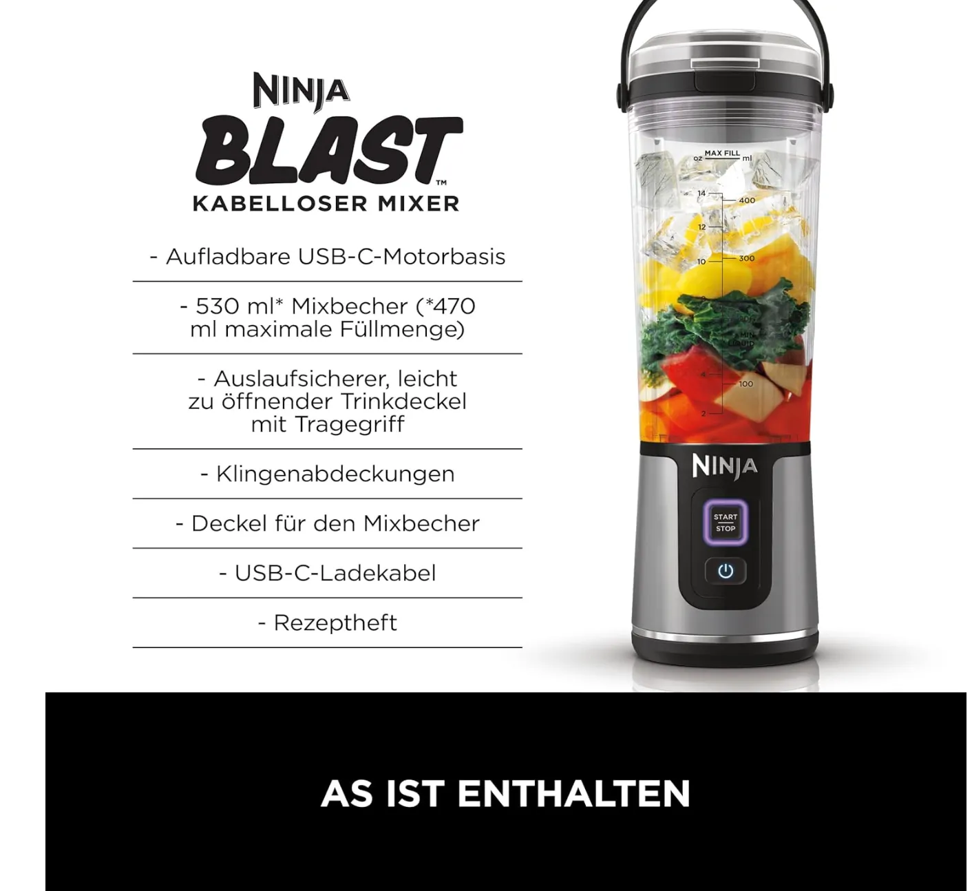 Ninja Blast BC151EUBK Portable Blender/Blender/Smoothie Maker, 530 ml Cup, Leak-proof Lid, Powerful Mini Stand Mixer, Wireless & Rechargeable, Crushes Ice & Fruit, Black 4