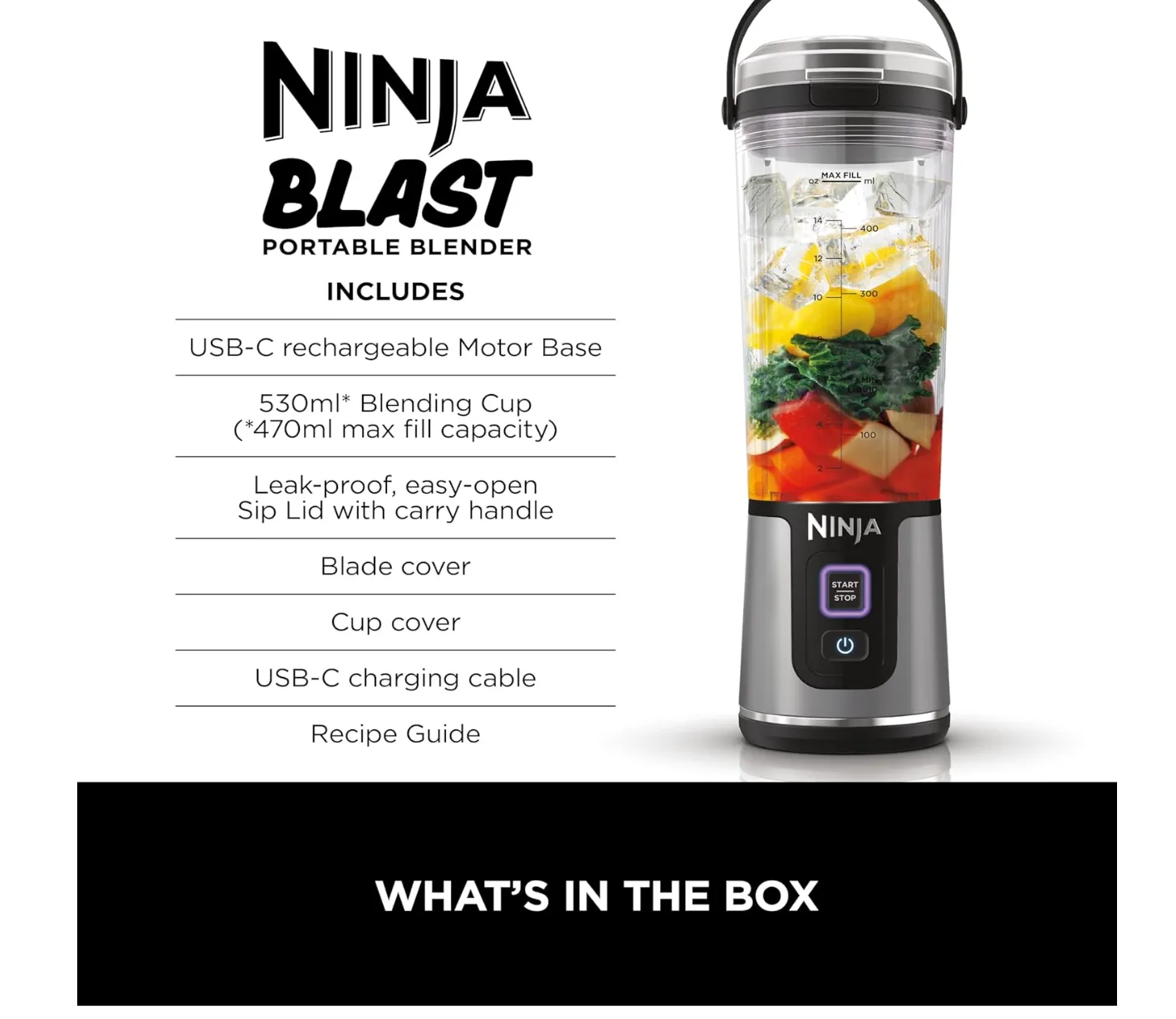 Ninja Blast Portable Blender, 530ml, Leakproof Lid & Sip Spout, Rechargeable, Portable Smoothies, Protein Shakes, Blends Ice & Frozen Fruit, Black, BC151MEBK, 2 Years Warranty
