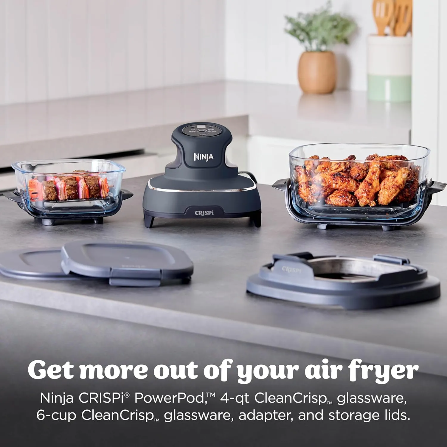 Ninja Crispi 4-in-1 Portable Glass Air Fryer Cooking System, 1700W, 1.4L & 3.8L Glass Containers with Storage Lids, Cyberspace Gray, FN101MEGY,Middle East Version | Max crisp, bake, air fry, recrisp, 450F max, 4 Qt and 6 Cup containers, PFAS-free glass 2