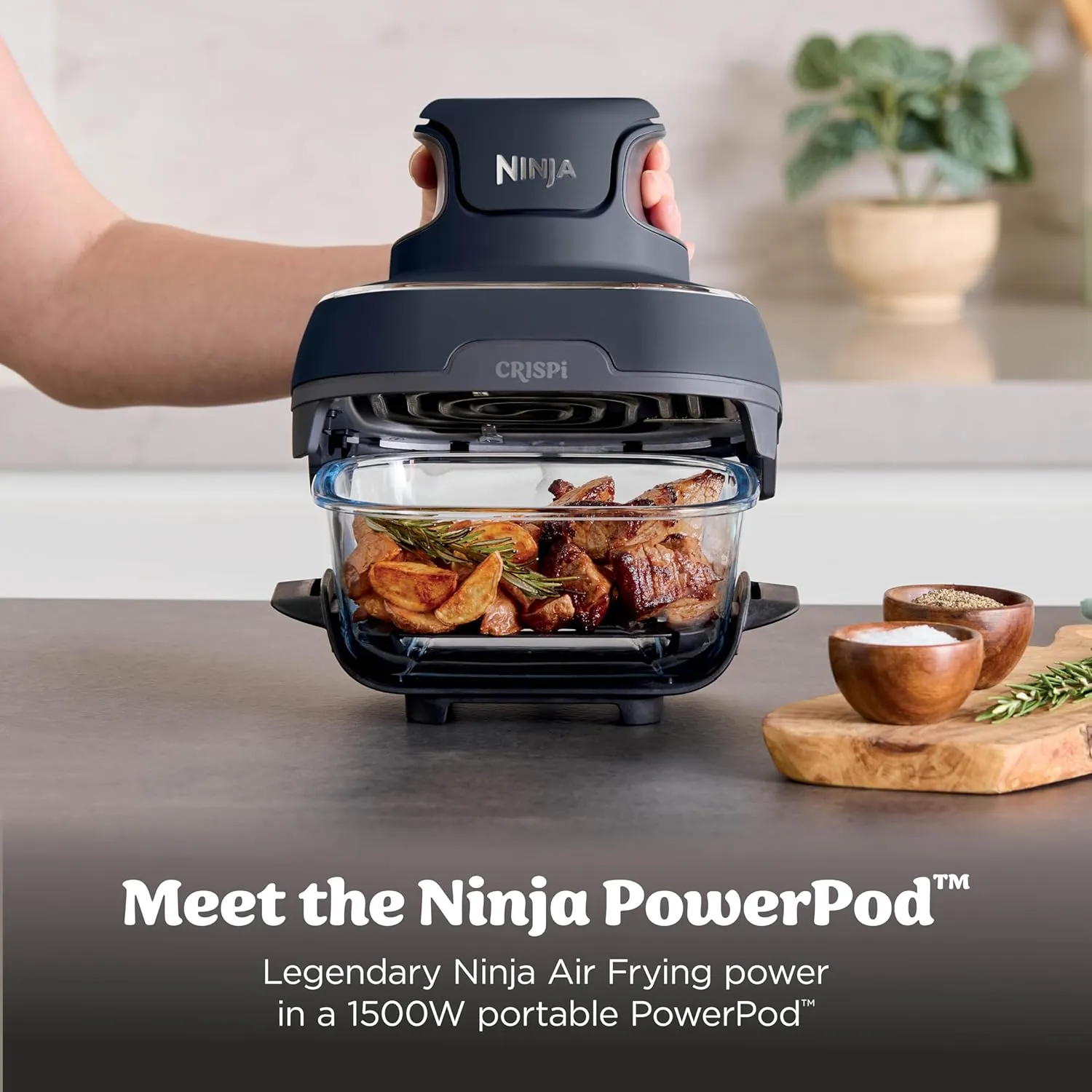 Ninja Crispi 4-in-1 Portable Glass Air Fryer Cooking System, 1700W, 1.4L & 3.8L Glass Containers with Storage Lids, Cyberspace Gray, FN101MEGY,Middle East Version | Max crisp, bake, air fry, recrisp, 450F max, 4 Qt and 6 Cup containers, PFAS-free glass 3