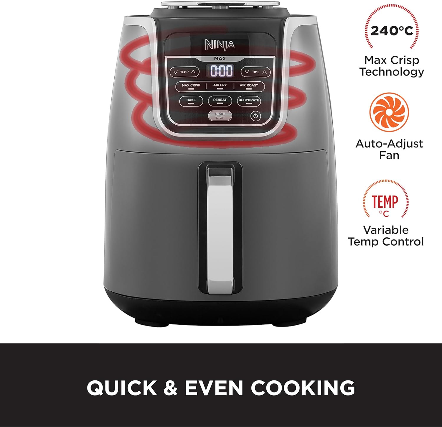 Ninja MAX Air Fryer, 5.2L Capacity, 1750W, 6 Cooking Functions, Max Crisp Technology, Digital Controls & Non-Stick Basket – AF160UK, Grey/Silver