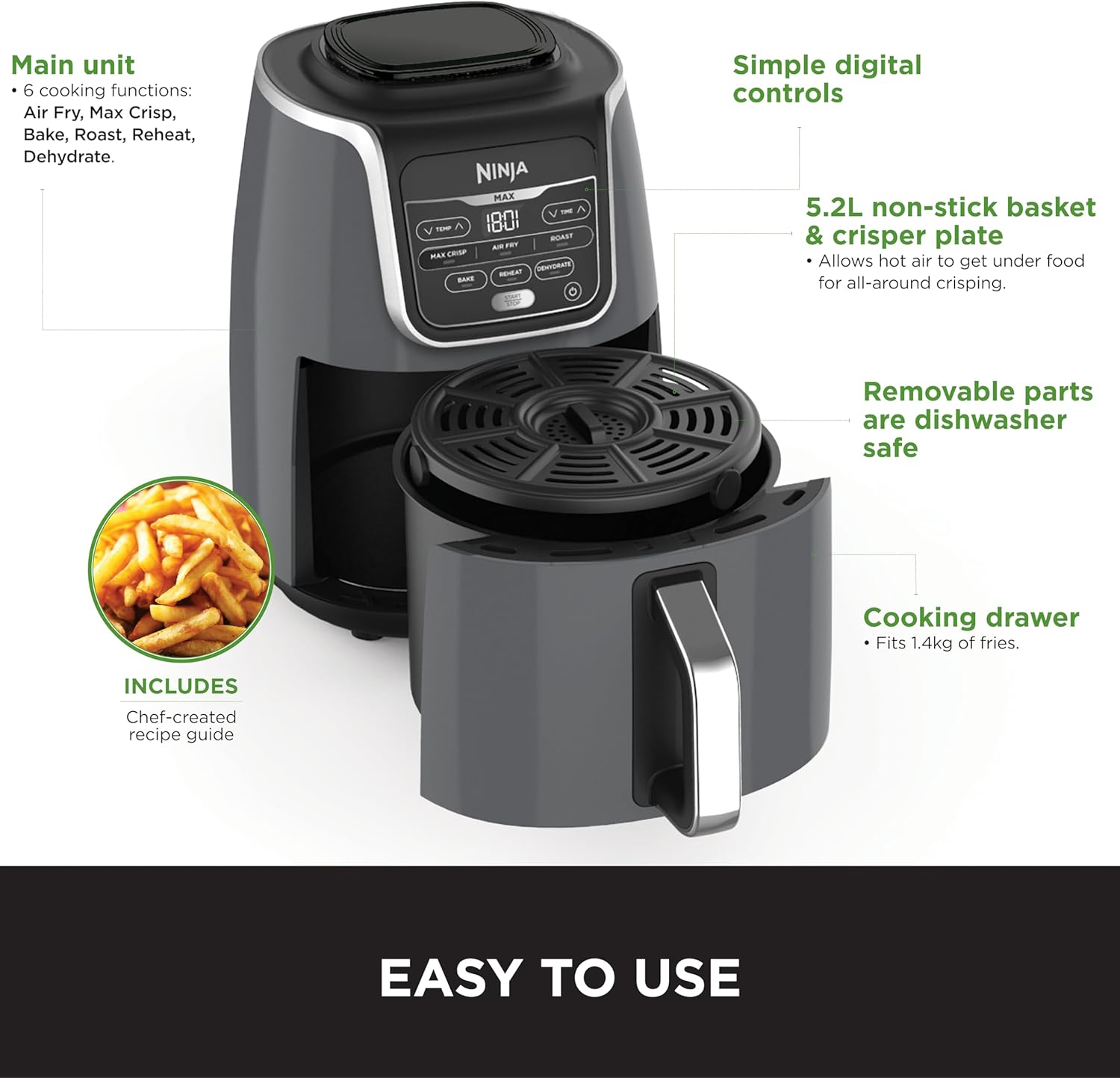 Ninja MAX Air Fryer, 5.2L Capacity, 1750W, 6 Cooking Functions, Max Crisp Technology, Digital Controls & Non-Stick Basket – AF160UK, Grey/Silver 3