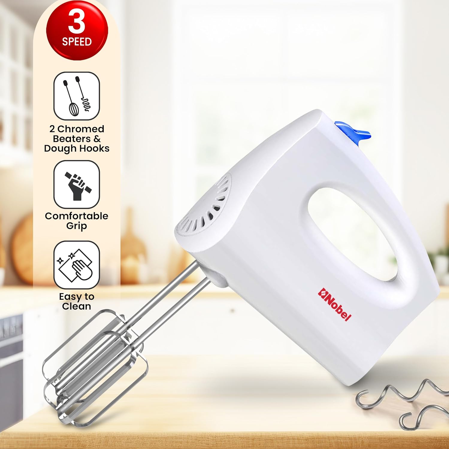 Nobel Hand Blender, 2-Speed Control, Powerful Motor, Stainless Steel Blending Shaft, Overheat Protection & LED Light – NHB25, White 2