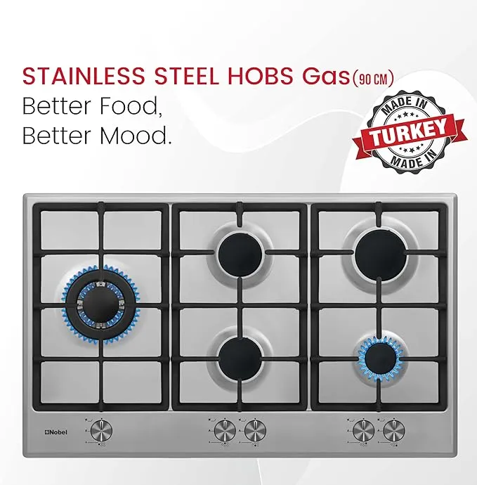 Nobel NBH9501SSH 90cm 5 Burner Built-In Gas Hob – Stainless Steel Gas Cooktop with Triple Wok Burner, Cast Iron Pan Supports, Flame Failure Device, Auto Ignition, Front Control Panel & Heavy Duty Cooking Design