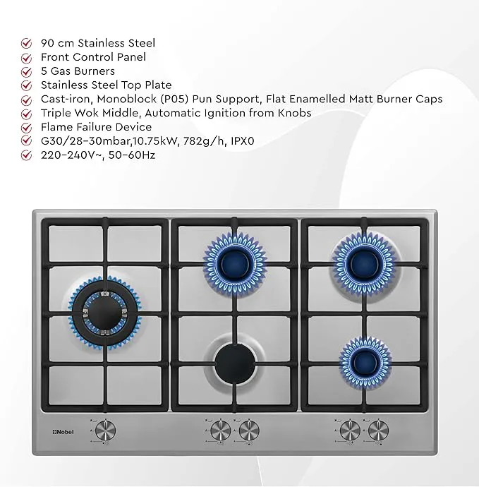 Nobel NBH9501SSH 90cm 5 Burner Built-In Gas Hob – Stainless Steel Gas Cooktop with Triple Wok Burner, Cast Iron Pan Supports, Flame Failure Device, Auto Ignition, Front Control Panel & Heavy Duty Cooking Design 3