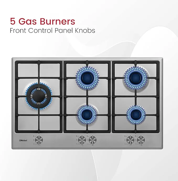 Nobel NBH9501SSH 90cm 5 Burner Built-In Gas Hob – Stainless Steel Gas Cooktop with Triple Wok Burner, Cast Iron Pan Supports, Flame Failure Device, Auto Ignition, Front Control Panel & Heavy Duty Cooking Design 4