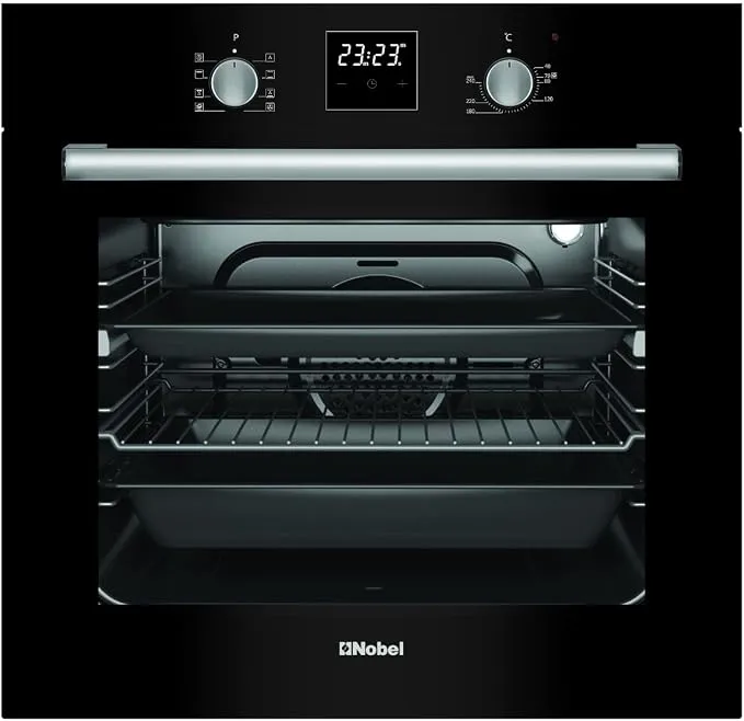 Nobel NBI64090 60L Electric Built-In Oven – Black Glass Front with Turbo Fan Heating, Electric Oven & Grill, 8 Cooking Functions, 3 Touch Digital Timer, Triple Glazed Door, Inner Lamp & Auto Cooling Fan